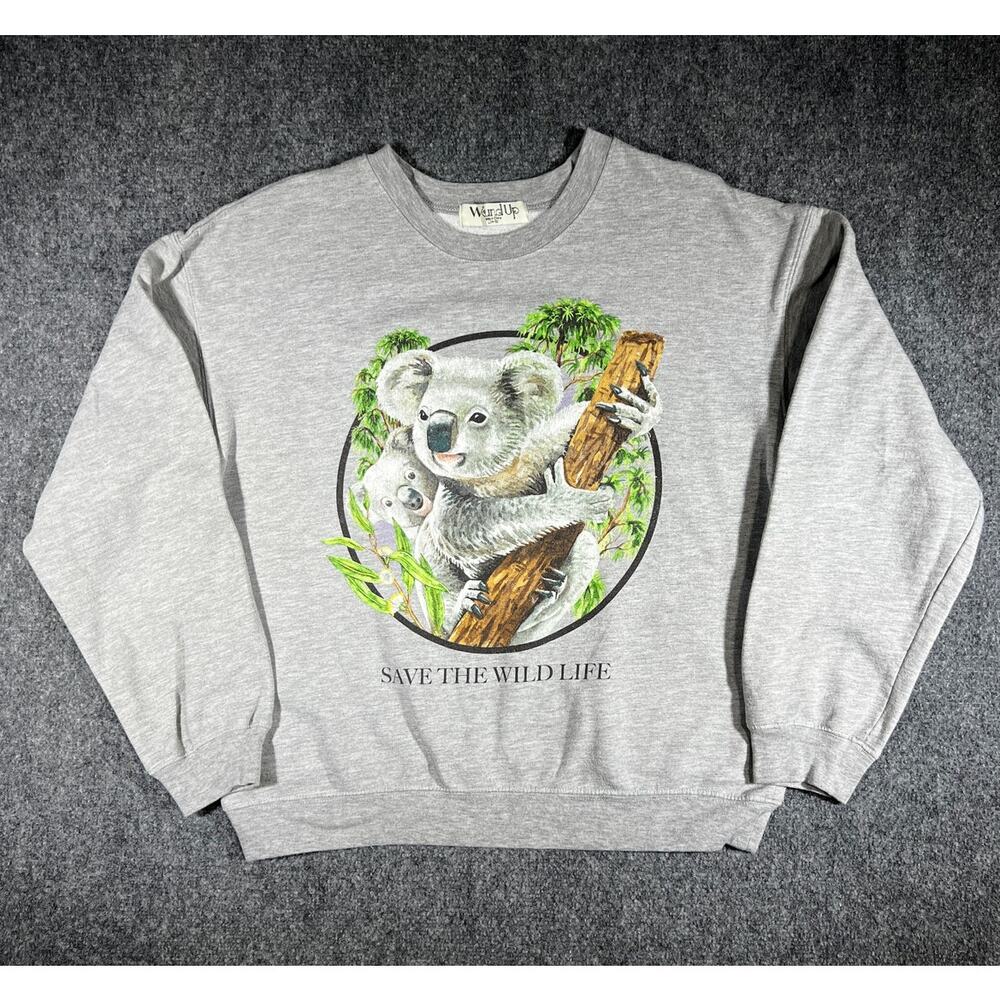 Y2K Koala Wildlife Crewneck Sweatshirt Gray Pullover Youth Large